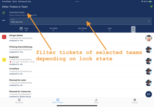 Filtermöglichkeiten in Team-Ticketliste